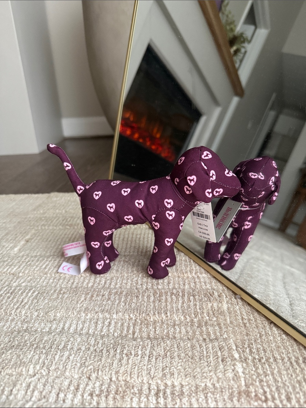 PINK Plush Dog Figurine in Plum with Pink Heart Print